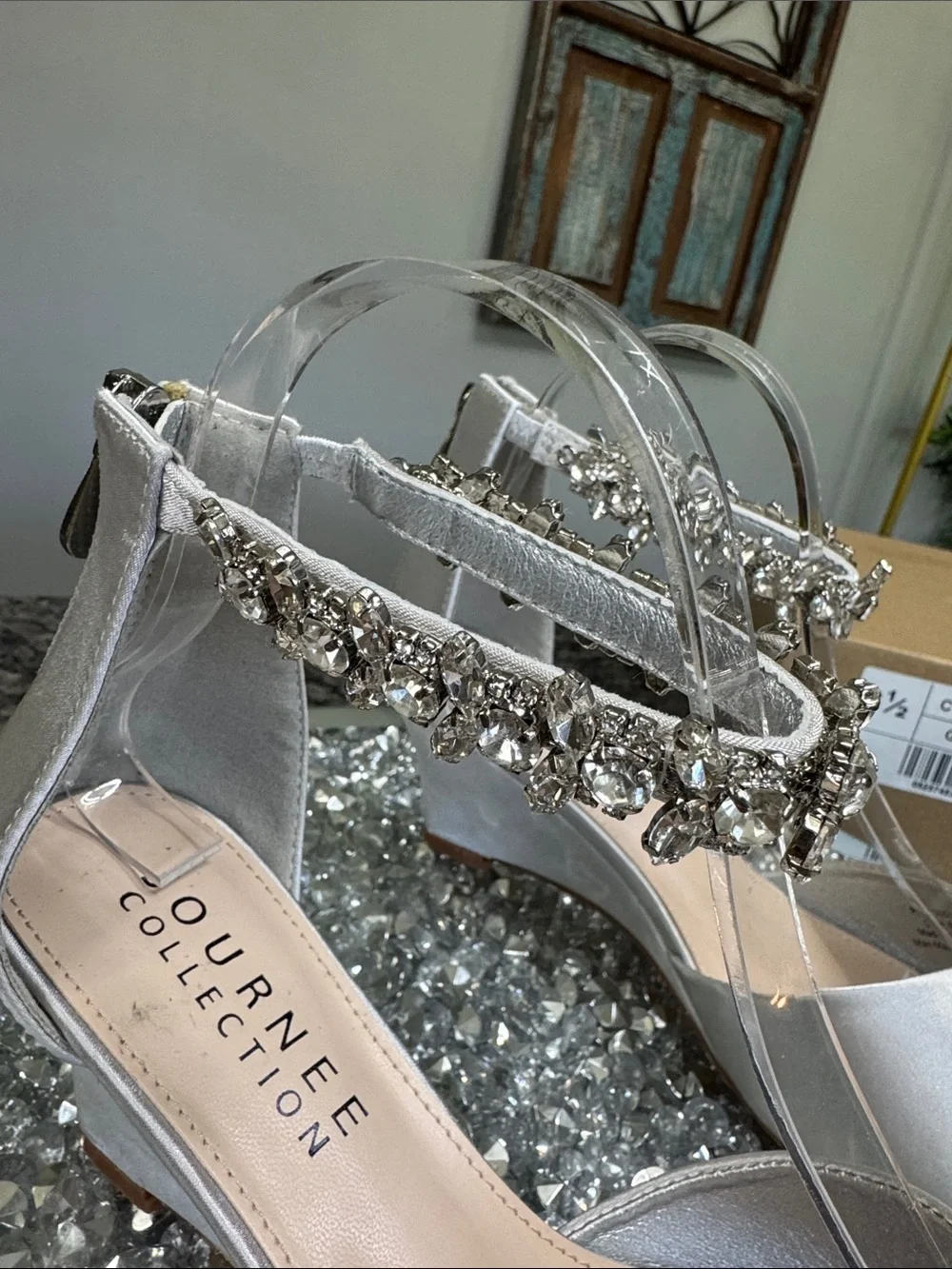Journee Collection Conner Silver Satin Wedge Sandals Crystal Ankle Strap NEW 8.5